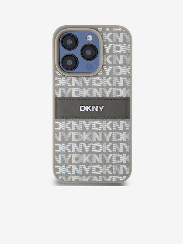 DKNY Заден капак от PU кожа с повтарящ се десен с тонове ивици за iPhone 15 Pro Beige DKNY
