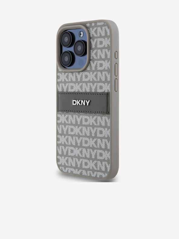 DKNY Заден капак от PU кожа с повтарящ се десен с тонове ивици за iPhone 15 Pro Beige DKNY