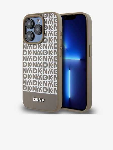 DKNY PU Кожа Повтарящ се модел на дъното Stripe MagSafe заден капак за iPhone 14 Pro Brown DKNY
