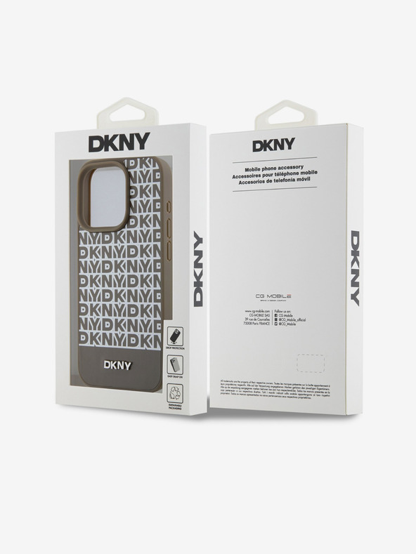 DKNY PU Кожа Повтарящ се модел на дъното Stripe MagSafe заден капак за iPhone 14 Pro Brown DKNY