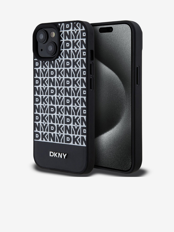 DKNY PU кожа Повтарящ се модел на дъното Stripe MagSafe заден капак за iPhone 15 черен DKNY