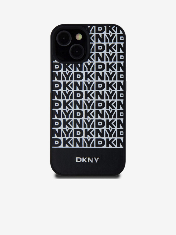 DKNY PU кожа Повтарящ се модел на дъното Stripe MagSafe заден капак за iPhone 15 черен DKNY