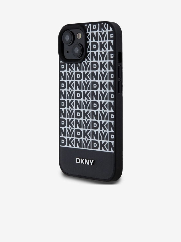 DKNY PU кожа Повтарящ се модел на дъното Stripe MagSafe заден капак за iPhone 15 черен DKNY