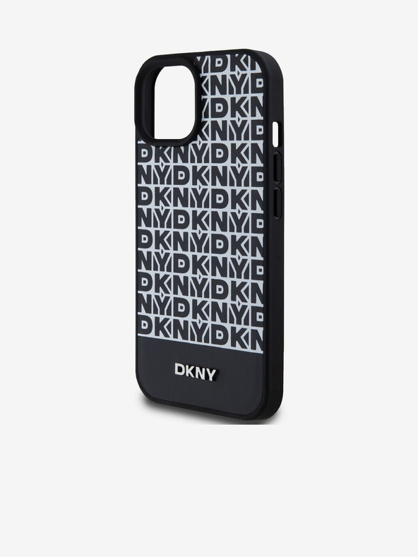 DKNY PU кожа Повтарящ се модел на дъното Stripe MagSafe заден капак за iPhone 15 черен DKNY