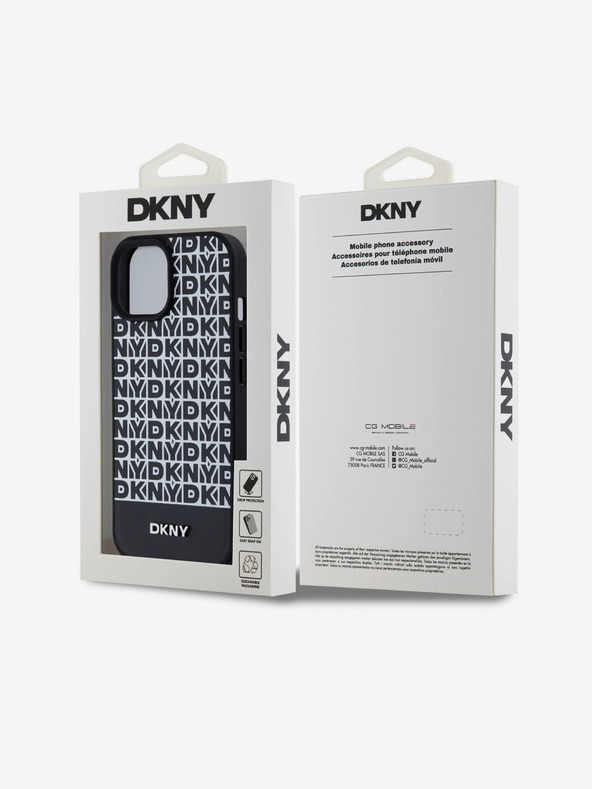 DKNY PU кожа Повтарящ се модел на дъното Stripe MagSafe заден капак за iPhone 15 черен DKNY