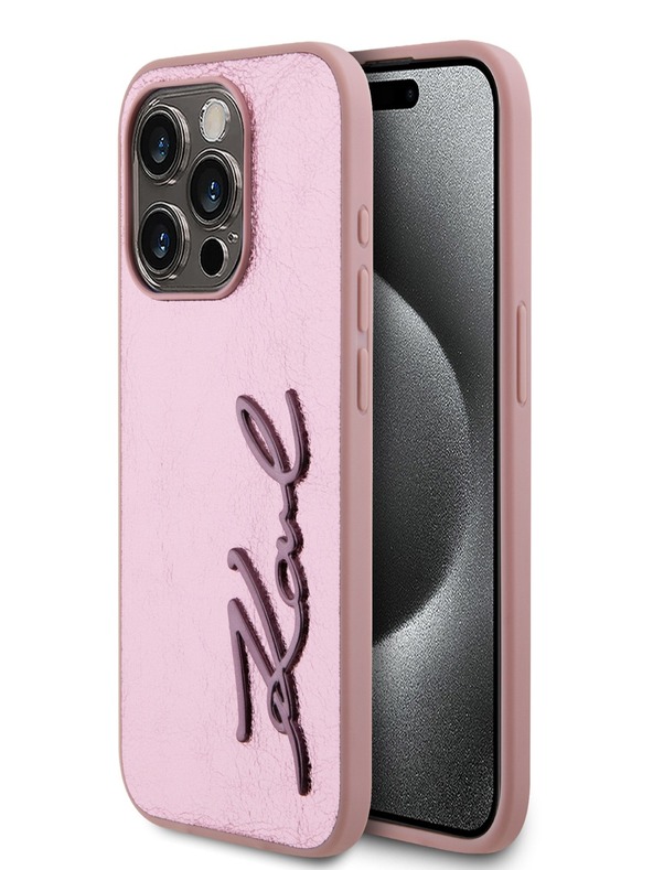 Karl Lagerfeld Набръчкан заден капак с логото на PU Signature за iPhone 15 Pro Pink Karl Lagerfeld