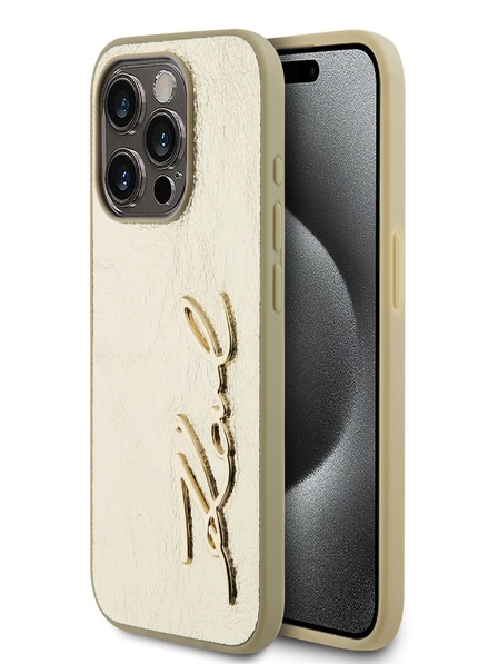 Karl Lagerfeld Набръчкан заден капак с логото на PU Signature за iPhone 15 Pro Max Gold Karl Lagerfeld
