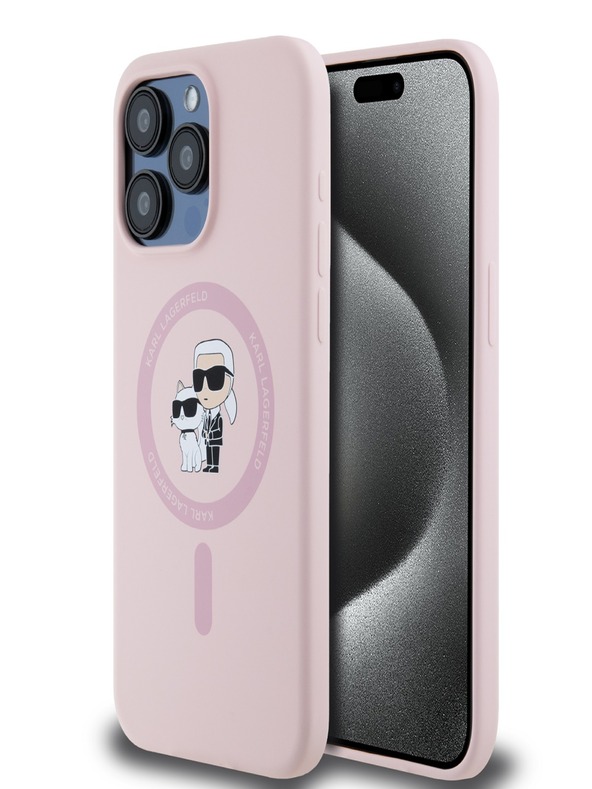 Karl Lagerfeld Течен силиконов Karl and Choupette Magsafe заден капак за iPhone 15 Pro Pink Karl Lagerfeld
