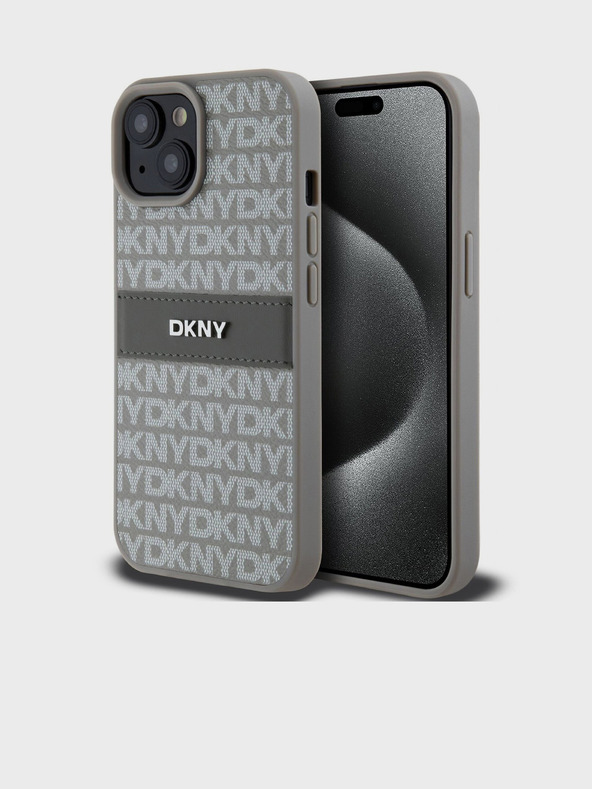 DKNY Заден капак от PU кожа с повтаряща се шарка Tonal Stripe за iPhone 15 Beige DKNY
