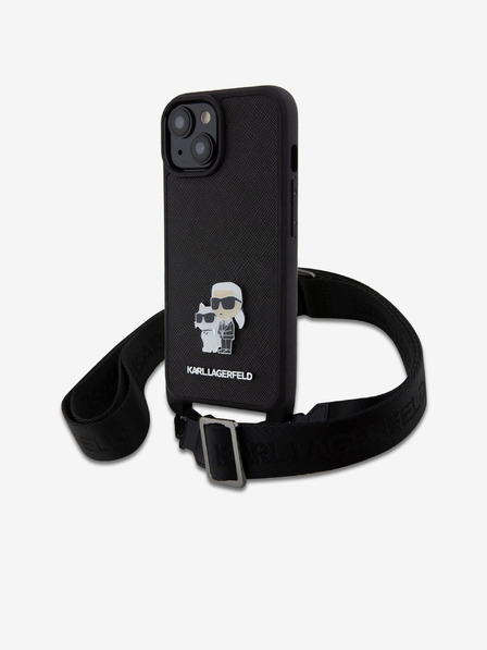 Karl Lagerfeld Карл Лагерфелд сафянова каишка за кросбоди с метална каишка Карл и Choupette заден капак за iPhone 15 черен