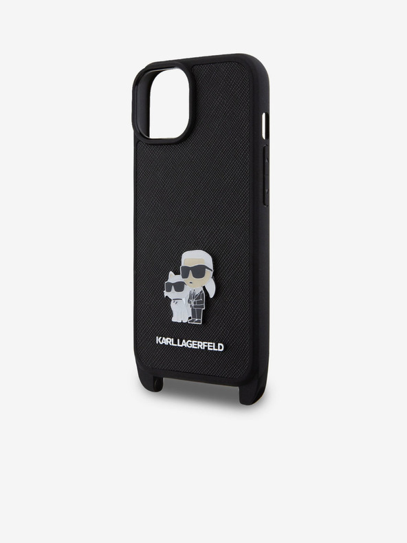 Karl Lagerfeld Карл Лагерфелд сафянова каишка за кросбоди с метална каишка Карл и Choupette заден капак за iPhone 15 черен