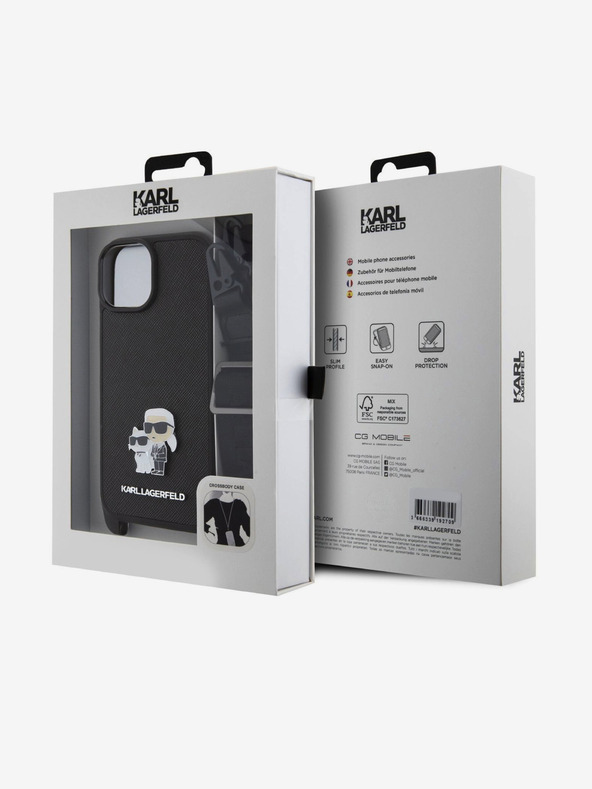 Karl Lagerfeld Карл Лагерфелд сафянова каишка за кросбоди с метална каишка Карл и Choupette заден капак за iPhone 15 черен