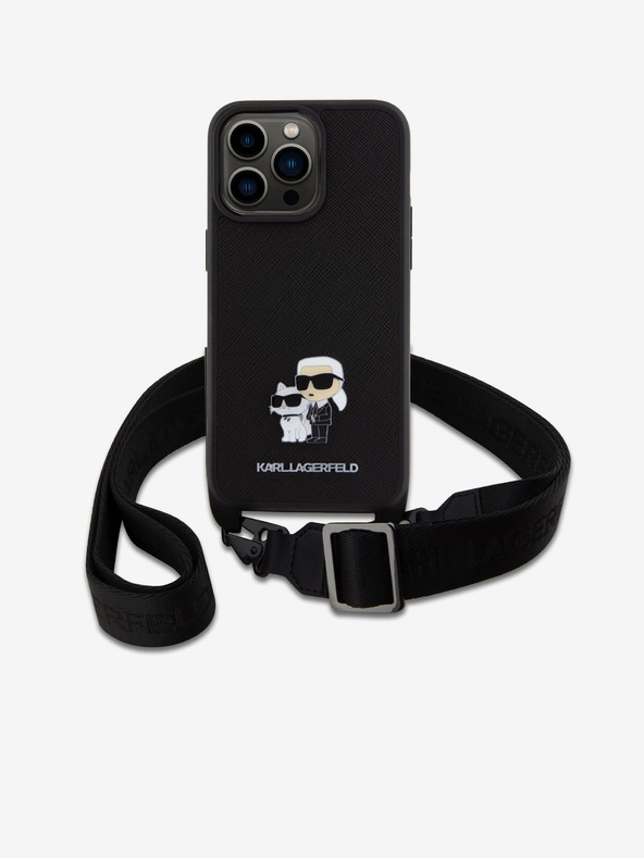 Karl Lagerfeld Метална каишка за кросбоди Karl and Choupette заден капак за iPhone 15 Pro Max Black Karl Lagerfeld Saffiano