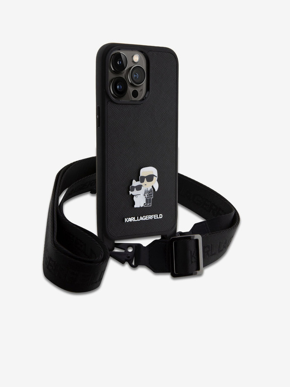 Karl Lagerfeld Метална каишка за кросбоди Karl and Choupette заден капак за iPhone 15 Pro Max Black Karl Lagerfeld Saffiano