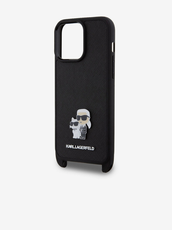 Karl Lagerfeld Метална каишка за кросбоди Karl and Choupette заден капак за iPhone 15 Pro Max Black Karl Lagerfeld Saffiano