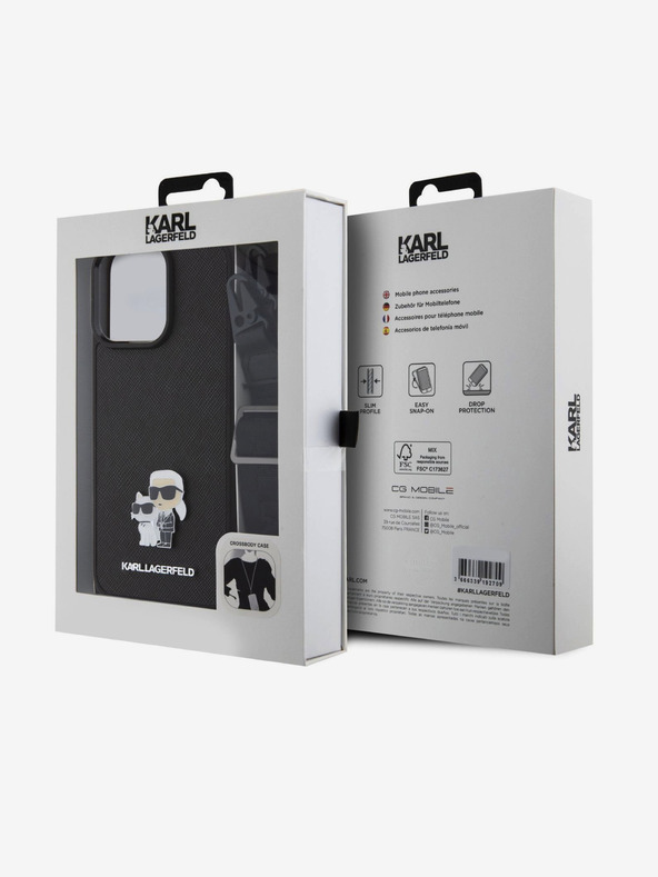 Karl Lagerfeld Метална каишка за кросбоди Karl and Choupette заден капак за iPhone 15 Pro Max Black Karl Lagerfeld Saffiano