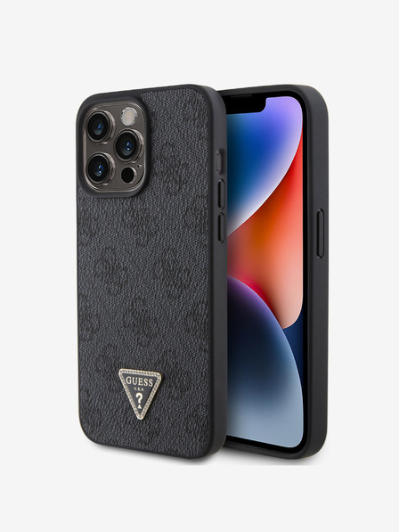 Guess PU 4G Strass Triangle Metal Logo Zadní Kryt pro iPhone 15 Pro Max Black Калъф за телефон
