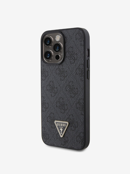 Guess PU 4G Strass Triangle Metal Logo Zadní Kryt pro iPhone 15 Pro Max Black Калъф за телефон