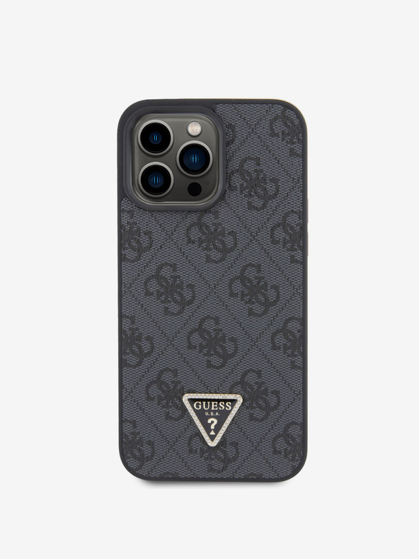 Guess PU 4G Strass Triangle Metal Logo Zadní Kryt pro iPhone 15 Pro Max Black Калъф за телефон