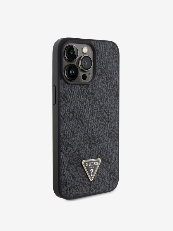 Guess PU 4G Strass Triangle Metal Logo Zadní Kryt pro iPhone 15 Pro Max Black Калъф за телефон