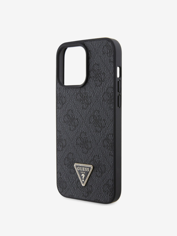 Guess PU 4G Strass Triangle Metal Logo Zadní Kryt pro iPhone 15 Pro Max Black Калъф за телефон