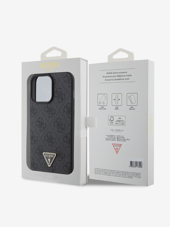 Guess PU 4G Strass Triangle Metal Logo Zadní Kryt pro iPhone 15 Pro Max Black Калъф за телефон