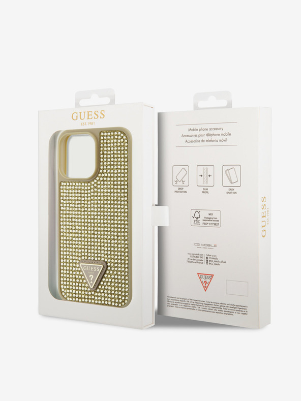Guess Guess Триъгълник с метално лого Guess Rhinestones за iPhone 15 Pro Max Gold