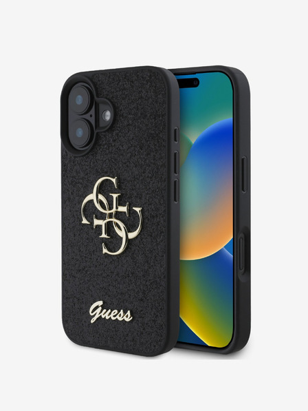 Guess Guess PU фиксиран блестящ метален заден капак с лого 4G за iPhone 16 черен