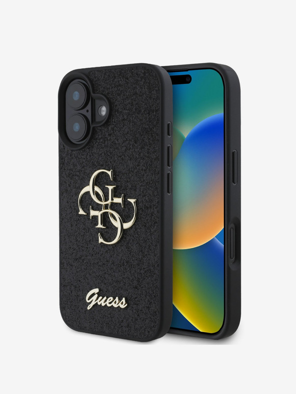Guess Guess PU фиксиран блестящ метален заден капак с лого 4G за iPhone 16 черен