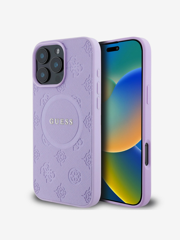 Guess Guess Saffiano Peony Stamp MagSafe заден капак за iPhone 16 Pro Purple