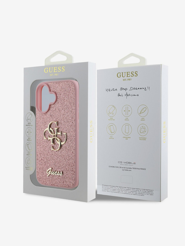 Guess Guess PU Fixed Glitter 4G Metal Logo Back Cover за iPhone 16 Pink