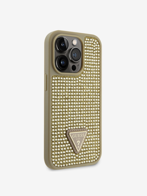 Guess Guess Триъгълник с метално лого Guess Rhinestones за iPhone 15 Pro Gold