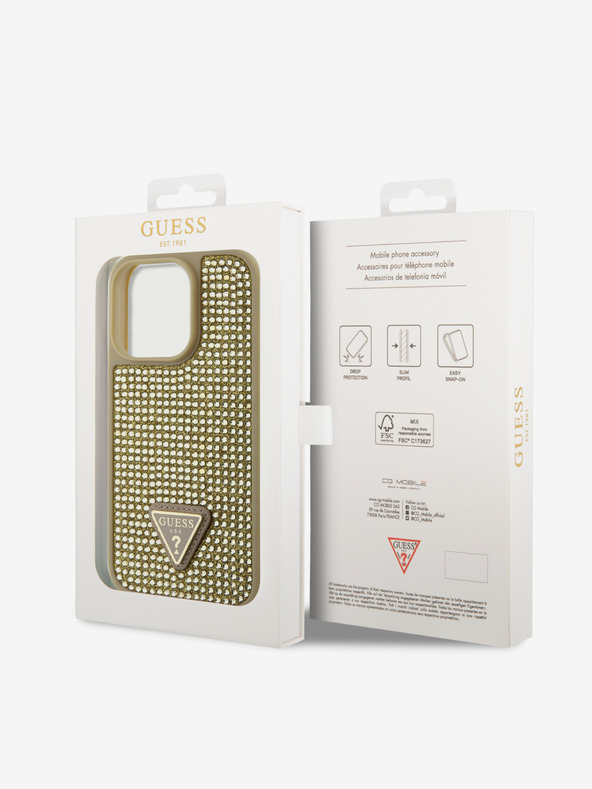 Guess Guess Триъгълник с метално лого Guess Rhinestones за iPhone 15 Pro Gold