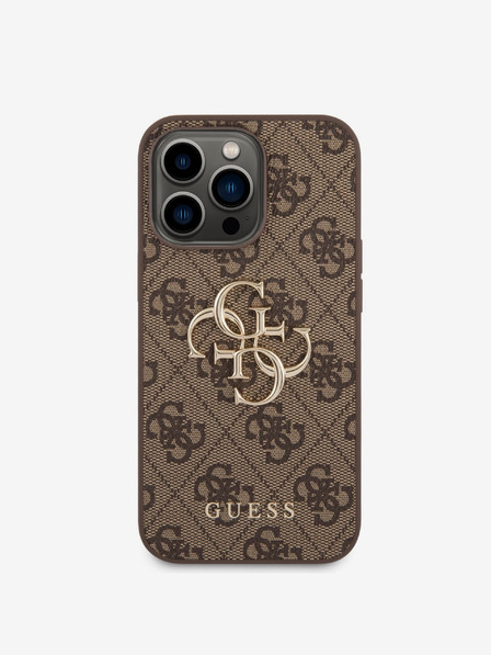 Guess PU 4G Metal Logo Zadní Kryt pro iPhone 14 Pro Brown Калъф за телефон