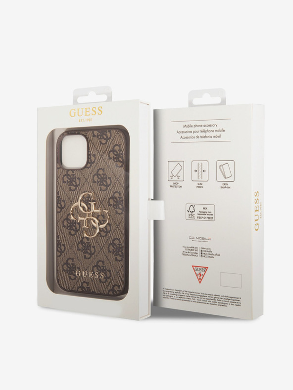 Guess Guess PU 4G Метален заден капак с лого за iPhone 15 Brown