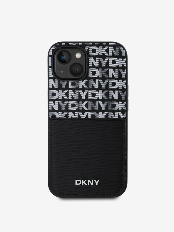 DKNY Заден капак от полиуретанова кожа с повтарящ се модел на джоб за карта за iPhone 14 черен DKNY