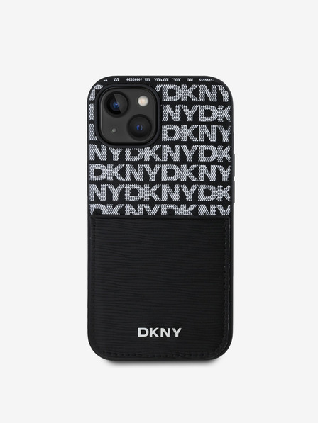 DKNY Заден капак от полиуретанова кожа с повтарящ се модел на джоб за карта за iPhone 14 черен DKNY