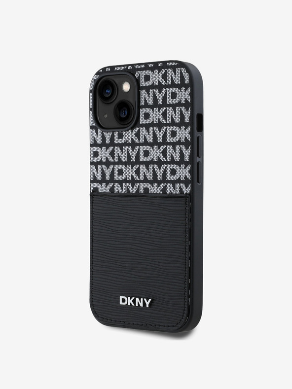 DKNY Заден капак от полиуретанова кожа с повтарящ се модел на джоб за карта за iPhone 14 черен DKNY