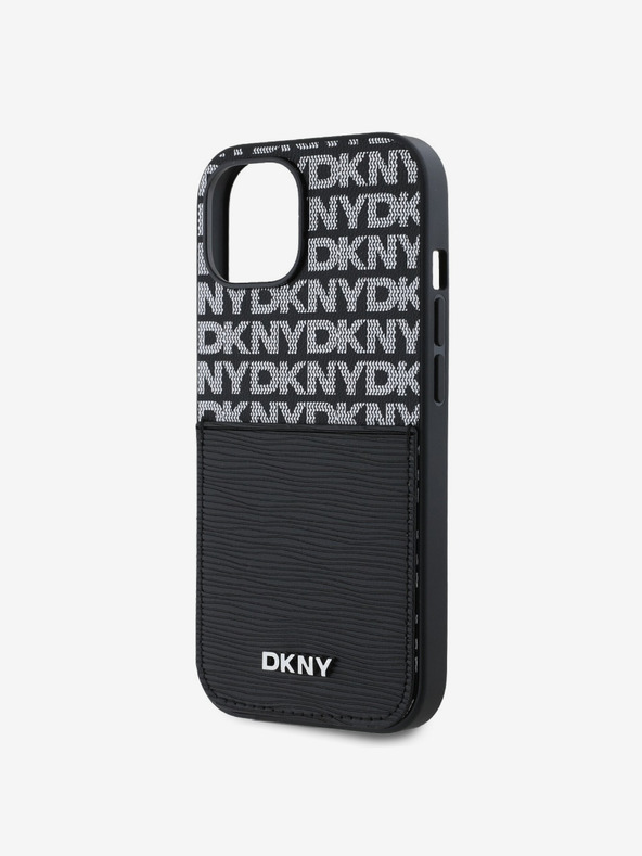 DKNY Заден капак от полиуретанова кожа с повтарящ се модел на джоб за карта за iPhone 14 черен DKNY