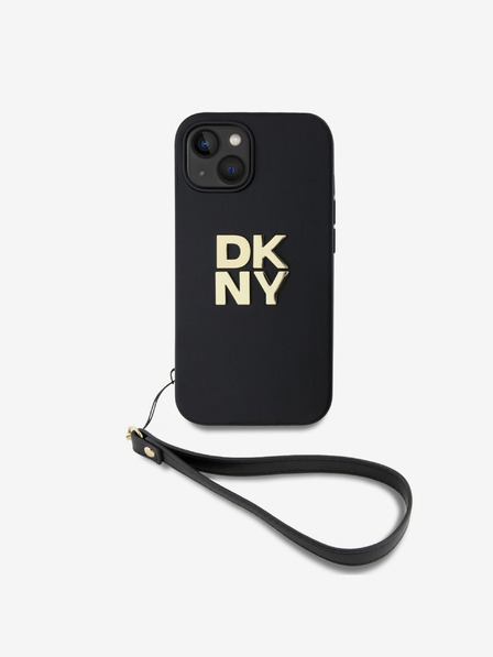 DKNY PU Leather Stack Logo Wrist Strap Back Cover за iPhone 15 Black DKNY