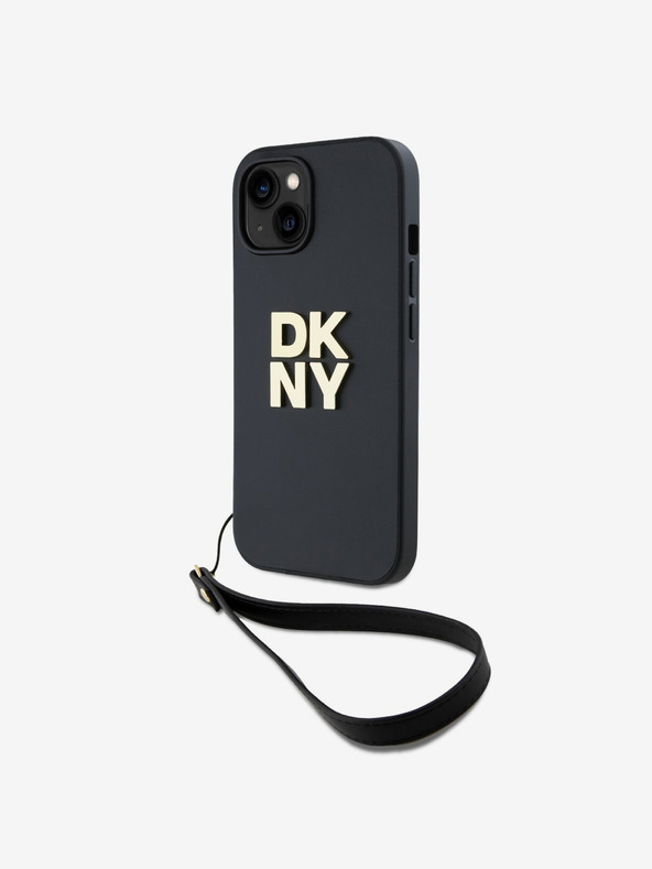 DKNY PU Leather Stack Logo Wrist Strap Back Cover за iPhone 15 Black DKNY