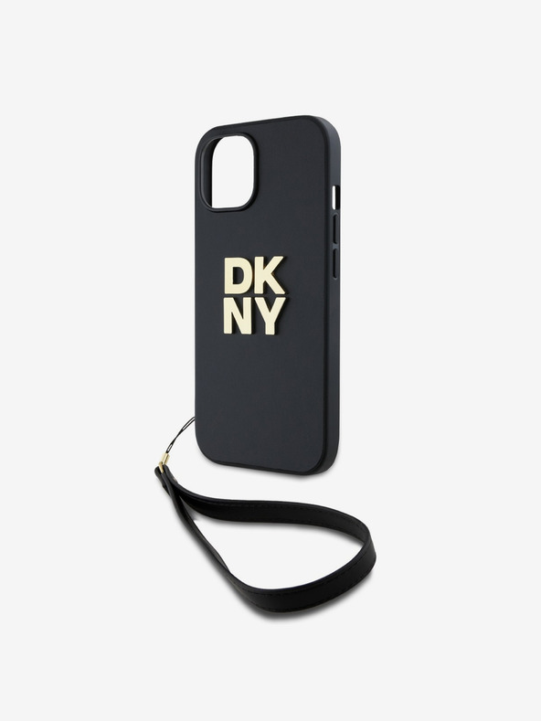 DKNY PU Leather Stack Logo Wrist Strap Back Cover за iPhone 15 Black DKNY
