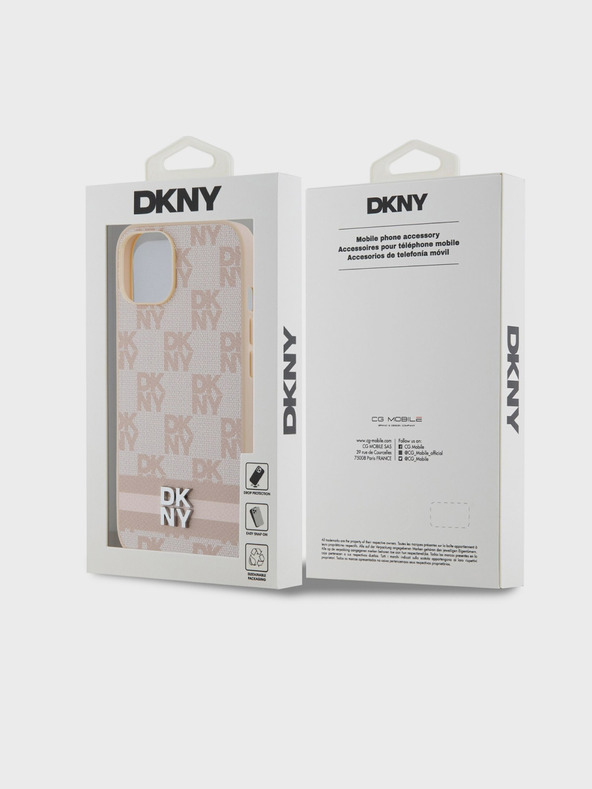 DKNY Заден капак от карирана кожа с шарка и райе за iPhone 14 Pink DKNY