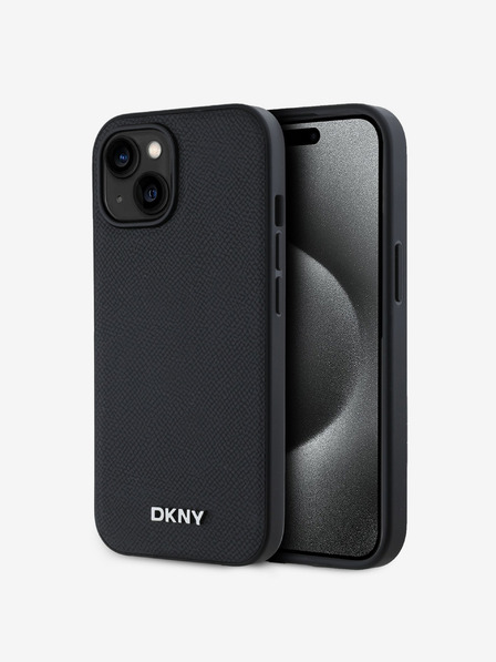 DKNY PU Кожен заден капак Silver Metal Logo Magsafe за iPhone 13 Black DKNY
