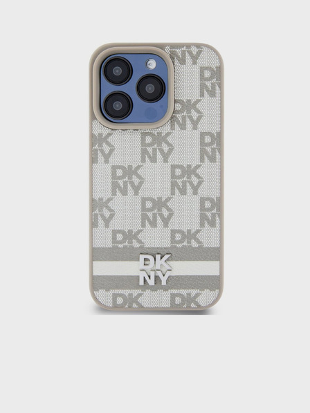 DKNY Заден капак от карирана кожа с шарка и райе за iPhone 15 Pro Max Beige DKNY