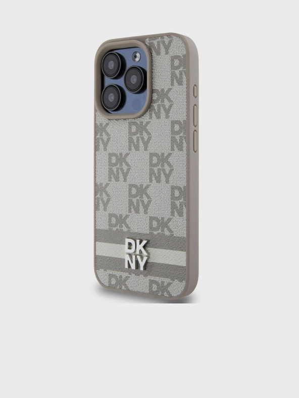DKNY Заден капак от карирана кожа с шарка и райе за iPhone 15 Pro Max Beige DKNY