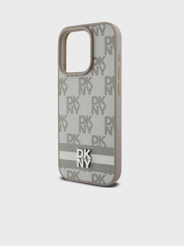 DKNY Заден капак от карирана кожа с шарка и райе за iPhone 15 Pro Max Beige DKNY