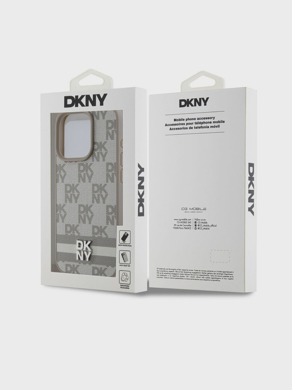 DKNY Заден капак от карирана кожа с шарка и райе за iPhone 15 Pro Max Beige DKNY