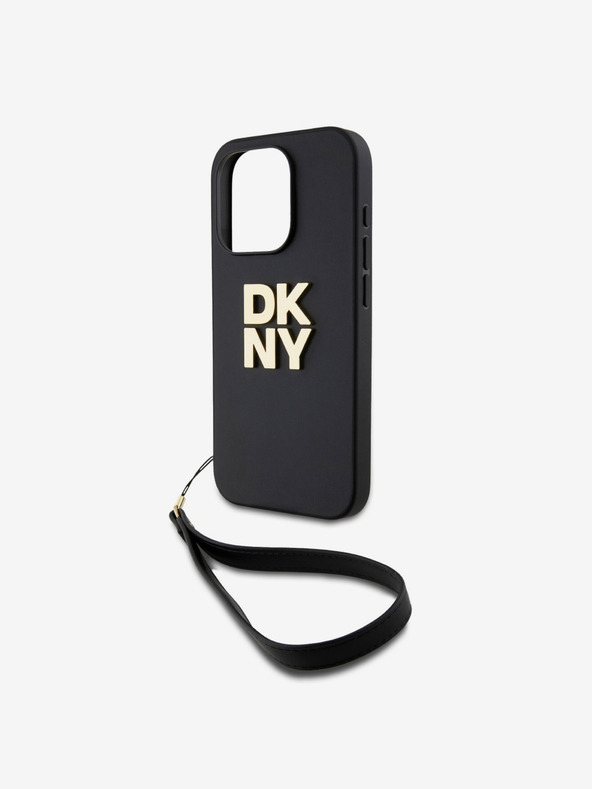 DKNY PU Leather Stack Logo Wrist Strap Back Cover за iPhone 14 Pro Max Black DKNY