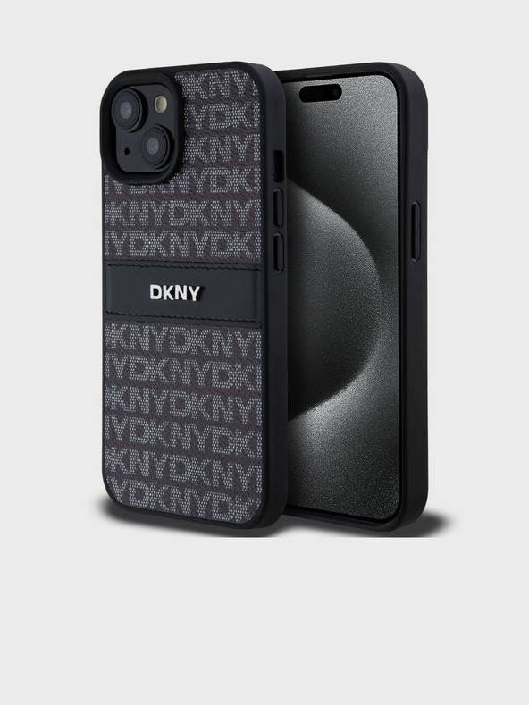 DKNY Заден капак от полиуретанова кожа с повтарящ се десен с тонални ивици за iPhone 15 Black DKNY